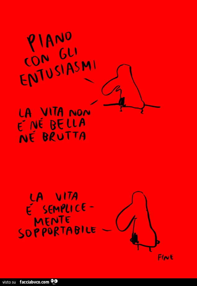 Piano con gli entusiasmi la vita non è ne bella ne brutta la vita è semplicemente sopportabile