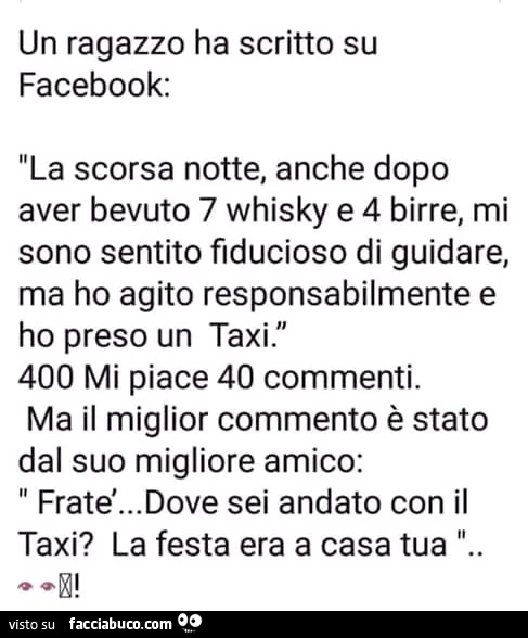 Un ragazzo ha scritto su facebook: la scorsa notte, anche dopo aver bevuto 7 whisky e 4 birre, mi sono sentito fiducioso di guidare, ma ho agito responsabilmente e ho preso un taxi. 400 mi piace 40 commenti