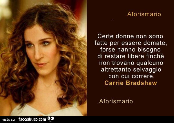 Certe donne non sono fatte per essere domate, forse hanno bisogno di restare libere finché non trovano qualcuno altrettanto selvaggio con cui correre. Carrie Bradshaw