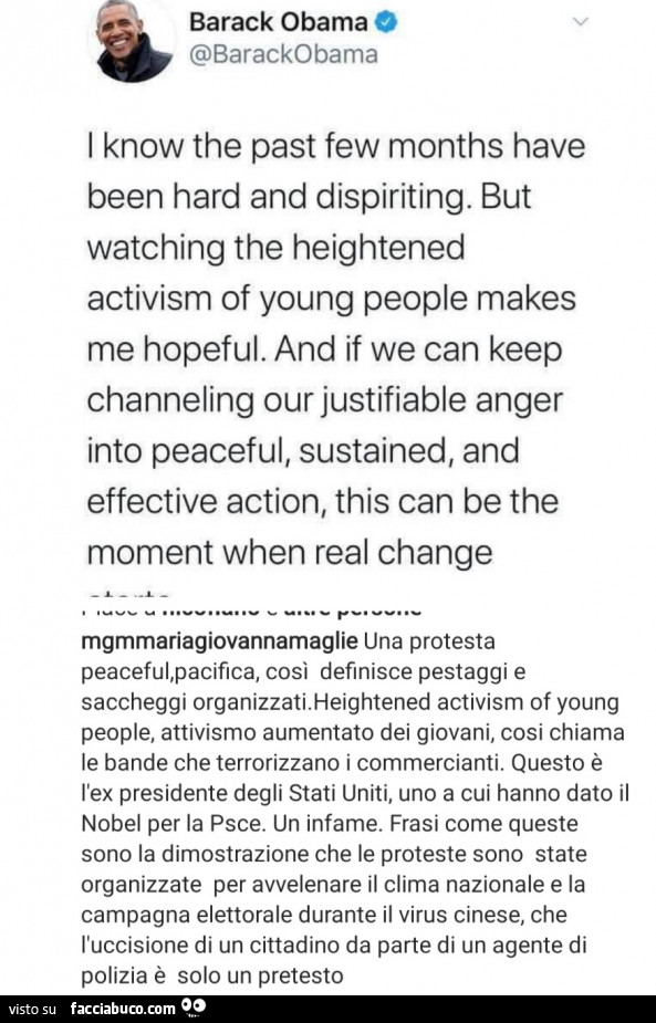 Barack Obama: i know the past few months have been hard and dispiriting. But watching the heightened activism of young people makes me hopeful. And if we can keep channeling our justifiable anger into peaceful, sustained, and effective