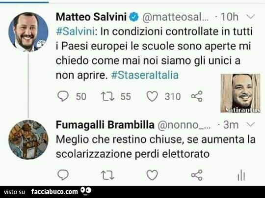 Salvini: in condizioni controllate in tutti i paesi europei le scuole sono aperte mi chiedo come mai noi siamo gli unici a non aprire. Meglio che restino chiuse, se aumenta la scolarizzazione perdi elettorato