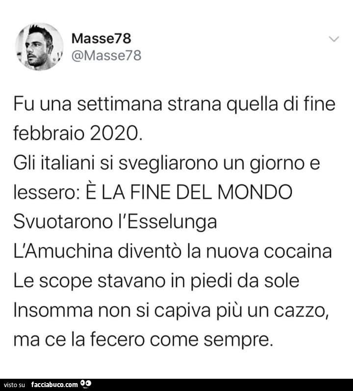 Fu una settimana strana quella di fine febbraio 2020. Gli italiani si svegliarono un giorno e lessero: è la fine del mondo svuotarono l'esselunga l'amuchina diventò la nuova cocaina le scope stavano in piedi da sole