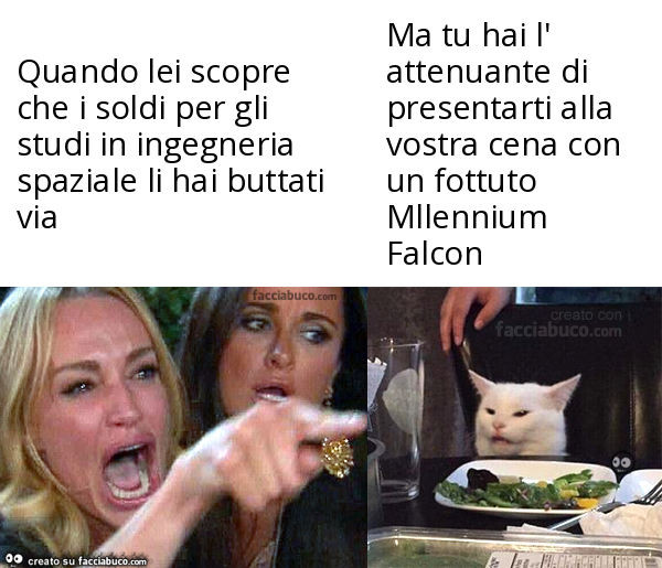 Quando lei scopre che i soldi per gli studi in ingegneria spaziale li hai buttati via. Ma tu hai l' attenuante di presentarti alla vostra cena con un fottuto mllennium falcon