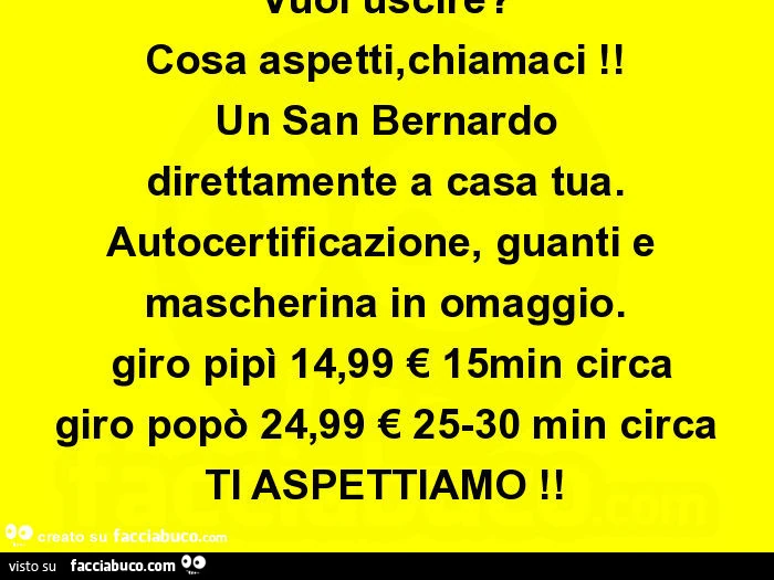Vuoi uscire? Cosa aspetti, chiamaci! Un san bernardo direttamente a casa tua. Autocertificazione, guanti e mascherina in omaggio. Giro pipì 14,99 € 15min circa giro popò 24,99 € 25-30 min circa ti aspettiamo