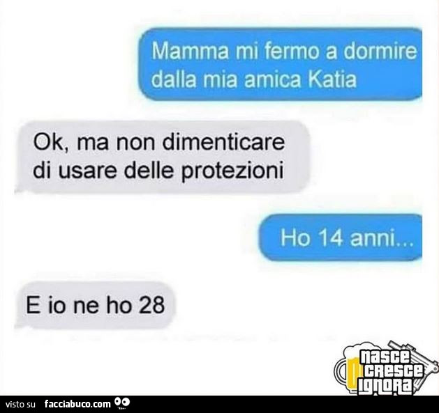 Mamma mi fermo a dormire dalla mia amica katia ok, ma non dimenticare di usare delle protezioni ho 14 anni… e io ne ho 28