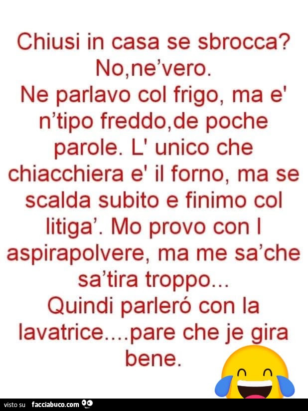 Chiusi in casa se sbrocca? No, nè vero. Ne parlavo col frigo, ma è n'tipo freddo, de poche parole. L' unico che chiacchiera è il forno, ma se scalda subito e finimo col litigà. Mo provo con l'aspirapolvere, ma me sà che sà tira troppo&helli