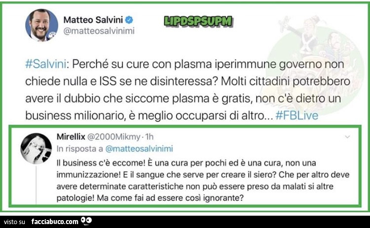 Matteo Salvini: perché su cure con plasma iperimmune governo non chiede nulla e iss se ne disinteressa? È Una cura per pochi ed è una cura, non una immunizzazione! E il sangue che serve per creare il siero?