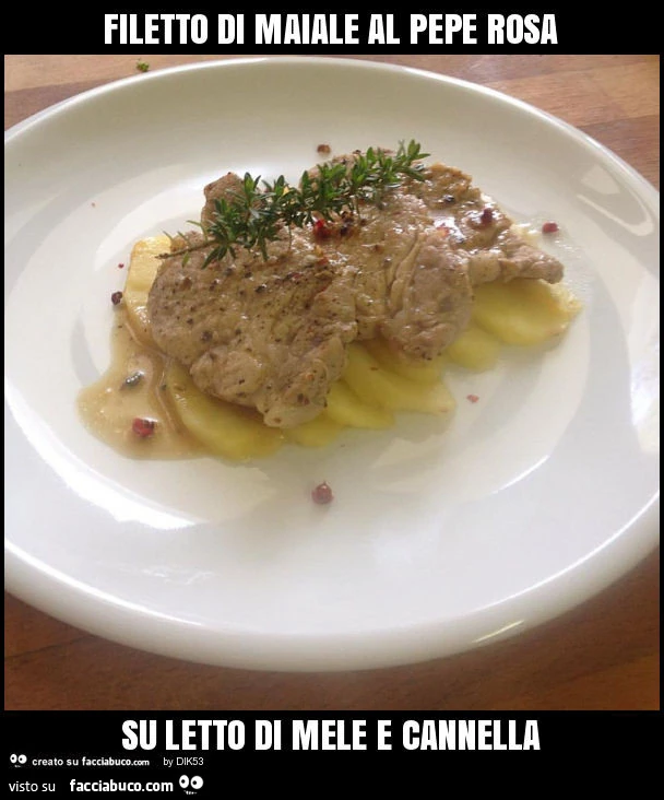 Filetto di maiale al pepe rosa su letto di mele e cannella