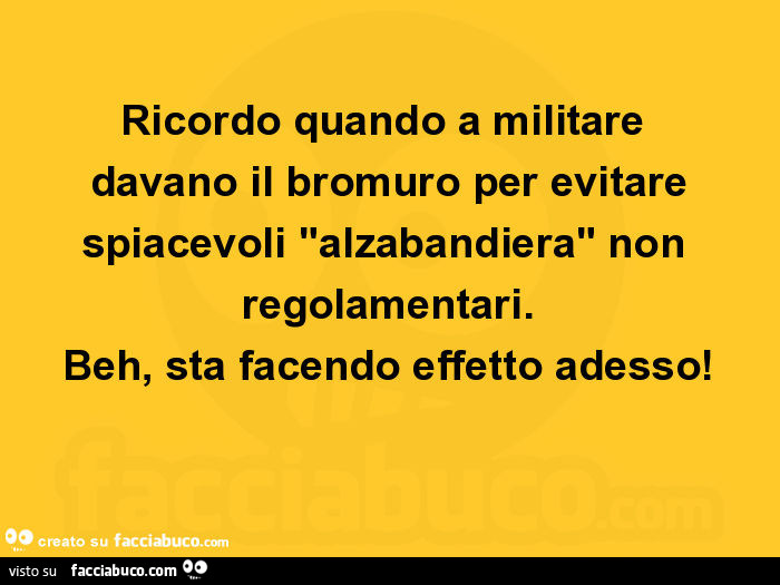 Ricordo quando a militare davano il bromuro per evitare spiacevoli "alzabandiera" non regolamentari. Beh, sta facendo effetto adesso