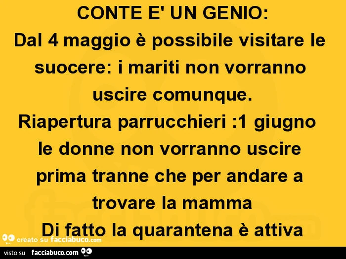 Conte è un genio: dal 4 maggio è possibile visitare le suocere: i mariti non vorranno uscire comunque. Riapertura parrucchieri: 1 giugno le donne non vorranno uscire prima tranne che per andare a trovare la mamma di fatto la quarantena è attiva