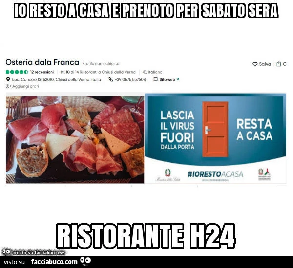 Io resto a casa e prenoto per sabato sera ristorante h24