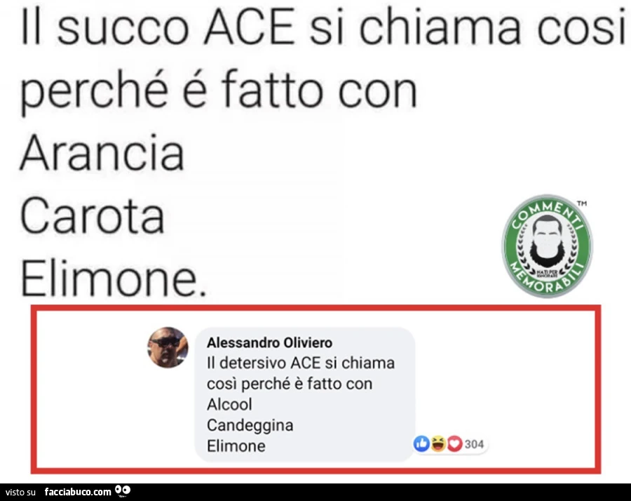 Il succo ace si chiama cosi perché è fatto con arancia carota elimone. Alessandro oliviero il detersivo ace si chiama così perché è fatto con alcool candeggina elimone