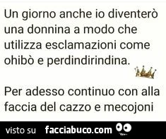 Un giorno anche io diventerò una donnina a modo che utilizza esclamazioni come ohibò e perdindirindina. Per adesso continuo con alla faccia del cazzo e mecojoni