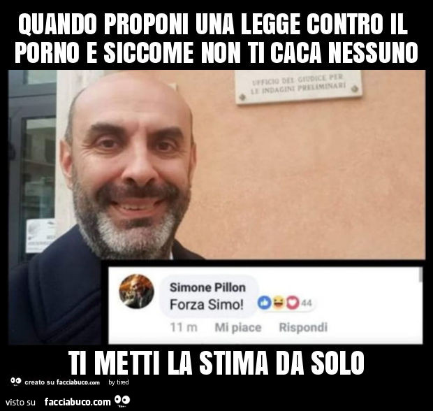 Quando proponi una legge contro il porno e siccome non ti caca nessuno ti metti la stima da solo