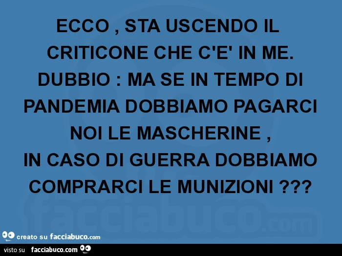Ecco, sta uscendo il criticone che c'è in me. Dubbio: ma se in tempo di pandemia dobbiamo pagarci noi le mascherine, in caso di guerra dobbiamo comprarci le munizioni?