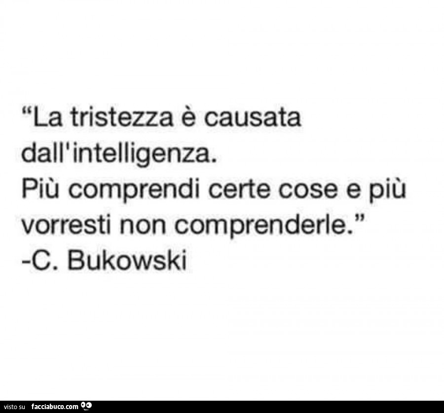 La tristezza è causata dall'intelligenza. Più comprendi certe cose e più vorresti non comprenderle. C. Bukowski