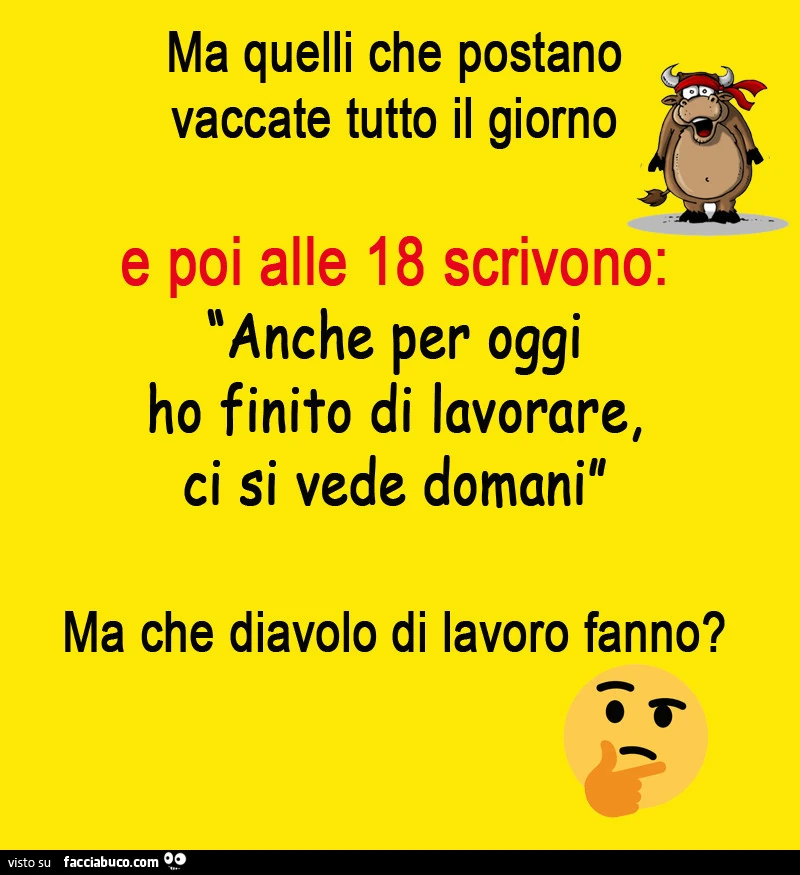 Ma quelli che postano vaccate tutto il giorno e poi alle 18 scrivono: anche per oggi ho finito di lavorare, ci si vede domani ma che diavolo di lavoro fanno?