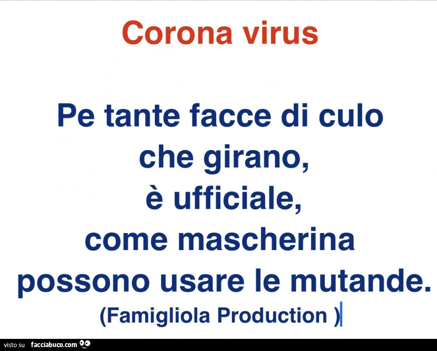 Corona virus. Pe tante facce di culo che girano, è ufficiale, come mascherina possono usare le mutande