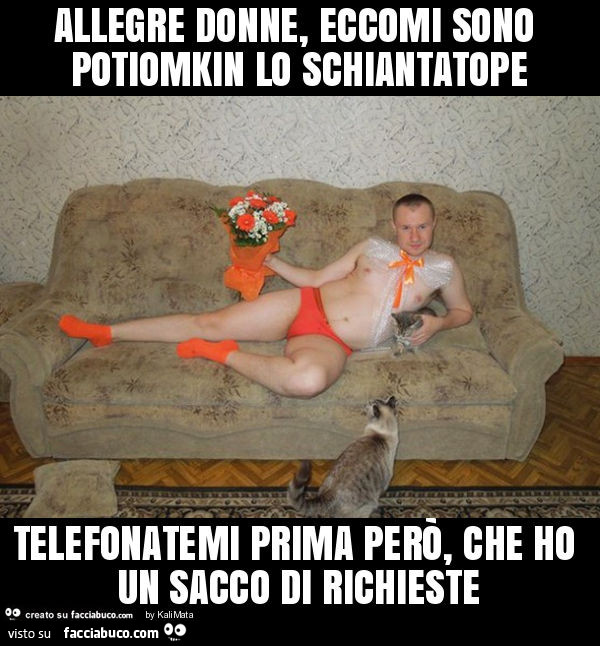 Allegre donne, eccomi sono potiomkin lo schiantatope telefonatemi prima però, che ho un sacco di richieste