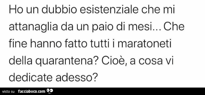 Ho un dubbio esistenziale che mi attanaglia da un paio di mesi… che fine hanno fatto tutti i maratoneti della quarantena? Cioè, a cosa vi dedicate adesso?