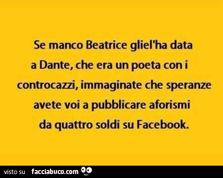 Se manco beatrice gliel'ha data a dante, che era un poeta con i controcazzi, immaginate che speranze avete voi a pubblicare aforismi da quattro soldi su facebook