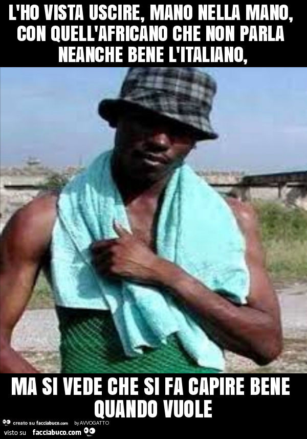L'ho vista uscire, mano nella mano, con quell'africano che non parla neanche bene l'italiano, ma si vede che si fa capire bene quando vuole