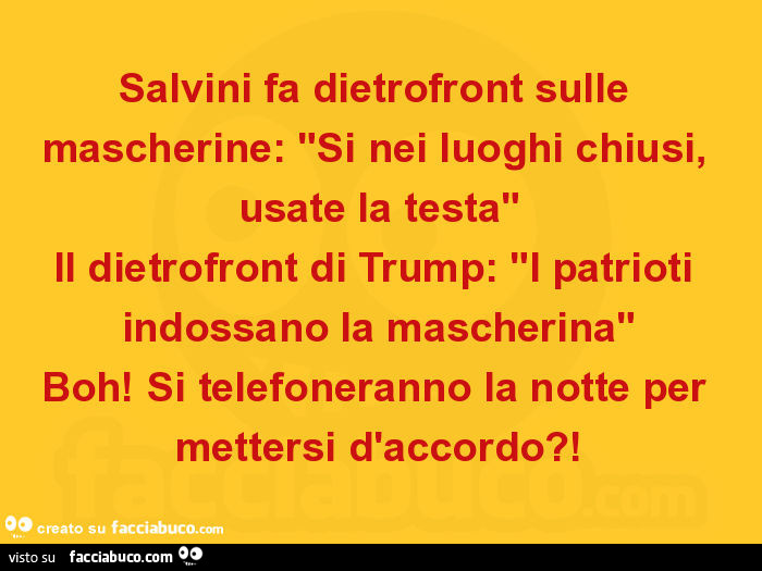 Salvini fa dietrofront sulle mascherine: "si nei luoghi chiusi, usate la testa" il dietrofront di trump: "i patrioti indossano la mascherina" boh! Si telefoneranno la notte per mettersi d'accordo?