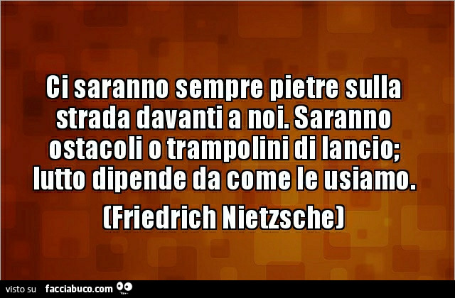 Ci saranno sempre pietre sulla strada davanti a noi. Saranno ostacoli o trampolini di lancio; lutto dipende da come le usiamo. Friedrich Nietzsche