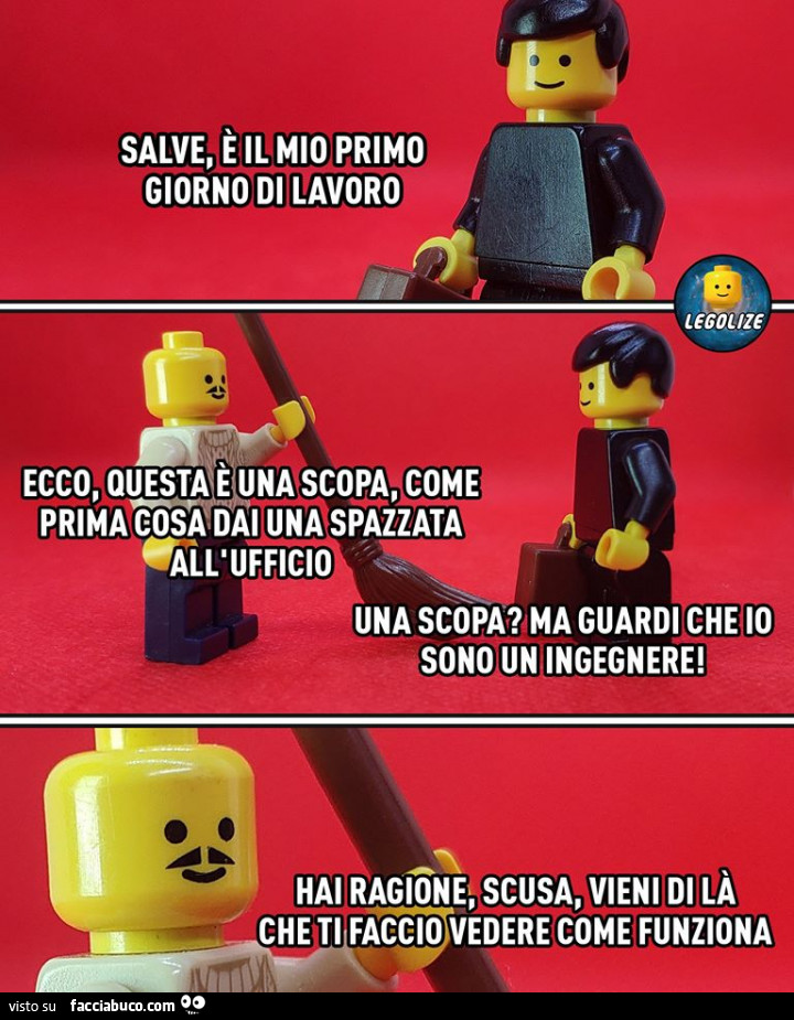 Salve, è il mio primo giorno di lavoro. Ecco, questa è la scopa, come prima cosa dai una spazzata all'ufficio. Una scopa? Ma guardi che io sono un ingegnere! Hai ragione scusa, vieni di là che ti faccio vedere come funziona