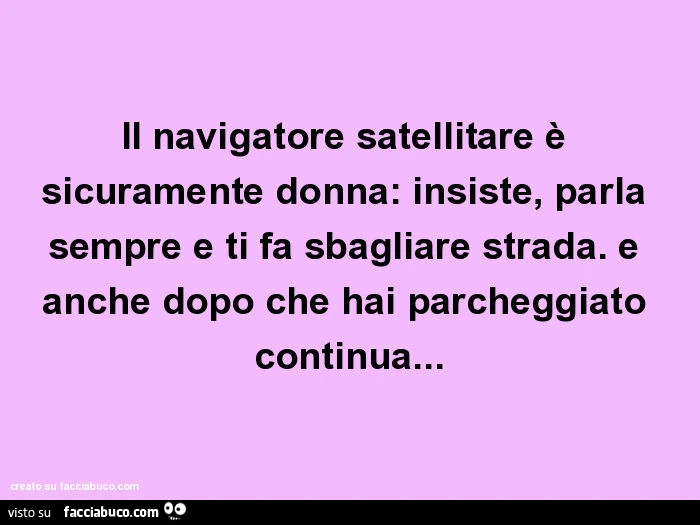 Il navigatore satellitare è sicuramente donna: insiste, parla sempre e ti fa sbagliare strada. E anche dopo che hai parcheggiato continua