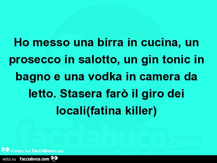 Ho messo una birra in cucina, un prosecco in salotto, un gin tonic in bagno e una vodka in camera da letto. Stasera farò il giro dei locali(fatina killer)