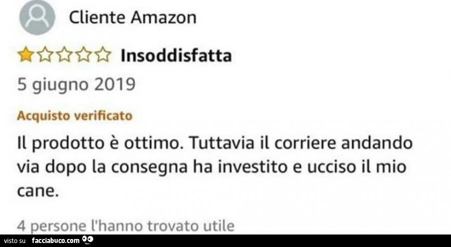 Il prodotto è ottimo. Tuttavia il corriere andando via dopo la consegna ha investito e ucciso il mio cane