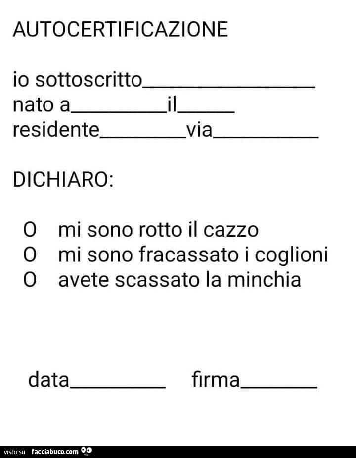 Autocertificazione io sottoscritto dichiaro: mi sono rotto il cazzo