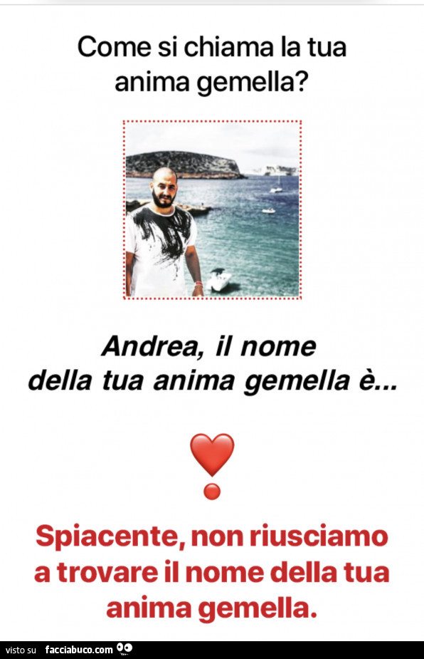 Come si chiama la tua anima gemella? Andrea, il nome della tua anima gemella è… spiacente, non riusciamo a trovare il nome della tua anima gemella
