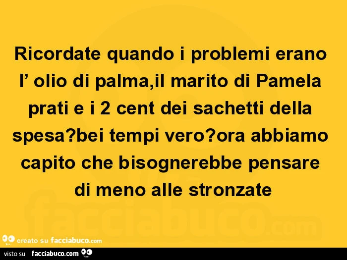 Ricordate quando i problemi erano l'olio di palma, il marito di pamela prati e i 2 cent dei sachetti della spesa? Bei tempi vero? Ora abbiamo capito che bisognerebbe pensare di meno alle stronzate