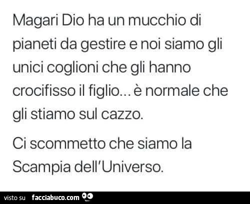 Magari dio ha un mucchio di pianeti da gestire e noi siamo gli unici coglioni che gli hanno crocifisso il figlio&hellip; è normale che gli stiamo sul cazzo