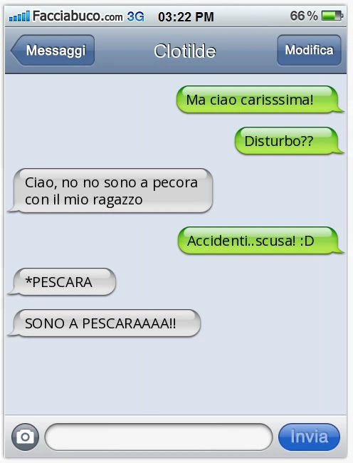 Ma ciao carisssima! Disturbo? Ciao, no no sono a pecora con il mio ragazzo. Accidenti. Scusa! : D. *PESCARA. SONO A PESCARAAAA