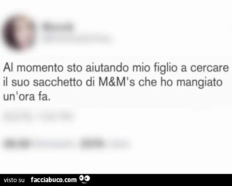 Al momento sto aiutando mio figlio a cercare il suo sacchetto di m&m's che ho mangiato un'ora fa