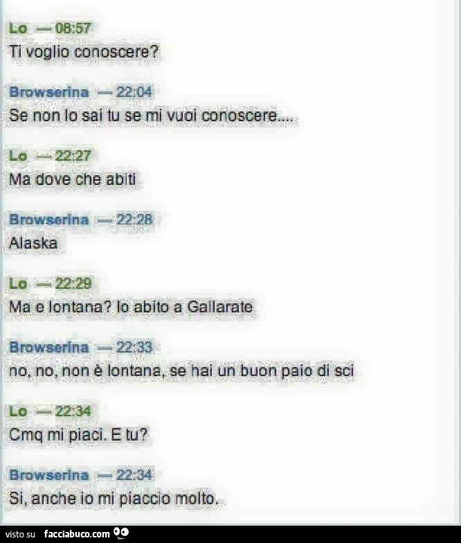 Ti voglio conoscere? Se non lo sai tu se mi vuoi conoscere… ma dove che abiti. Alaska. Ma e lontana? Io abito a Gallarate