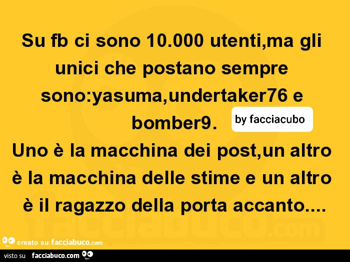 Su fb ci sono io. 000 utenti, ma gli unici che postano sempre sono: yasuma, undertaker76 e bomber9. Uno è la macchina dei post, un altro è la macchina delle stime e un altro è il ragazzo della porta accanto