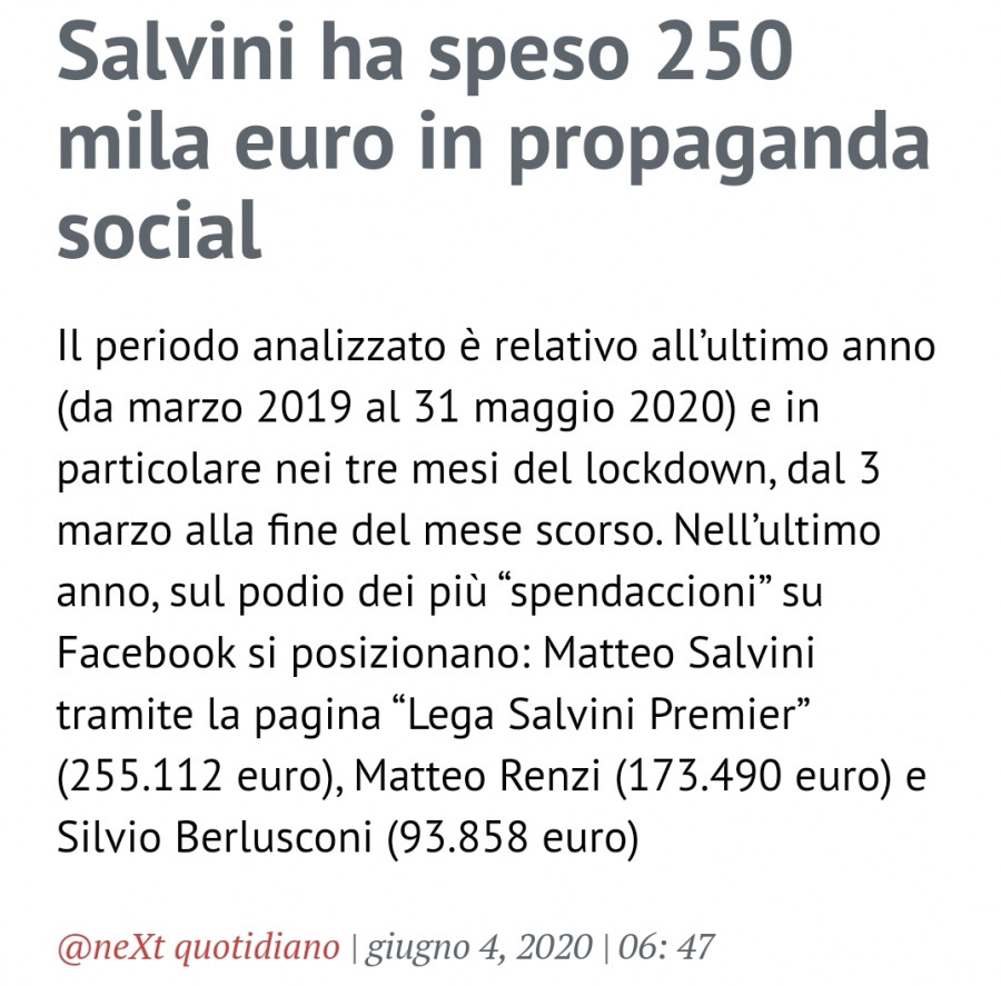 Salvini ha speso 250 mila euro in propaganda social