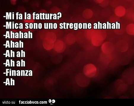Mi fa la fattura? Mica sono uno stregone ahahah. Ahahah. Ahah. Ah Ah. Ah ah. Finanza. Ah
