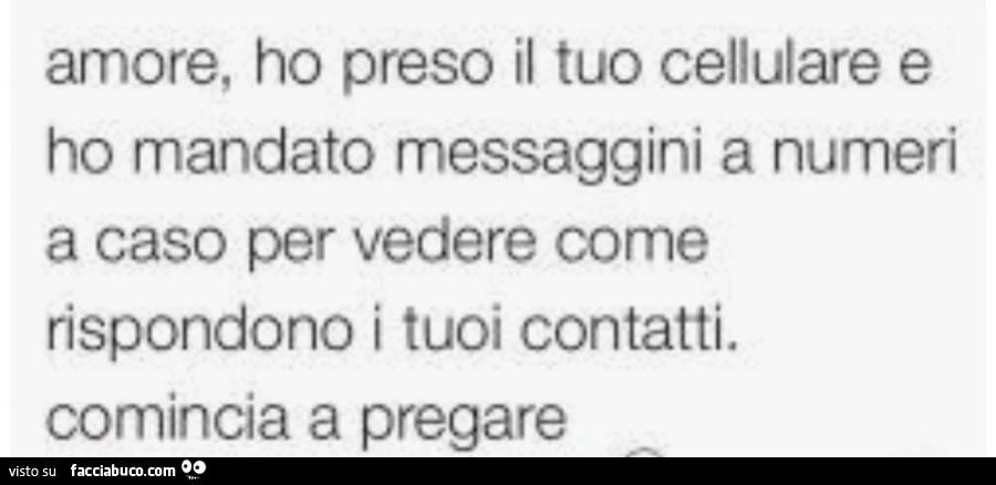 Amore, ho preso il tuo cellulare e ho mandato messaggini a numeri a caso per vedere come rispondono i tuoi contatti. Comincia a pregare 0