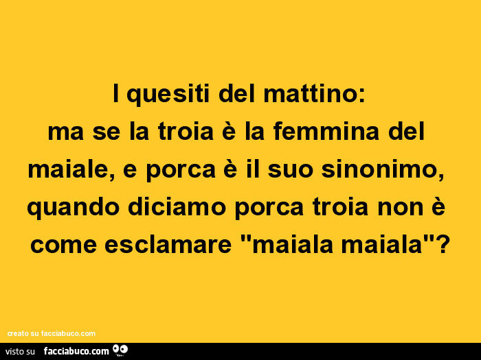 I quesiti del mattino: ma se la troia è la femmina del maiale, e porca è il suo sinonimo, quando diciamo porca troia non è come esclamare "maiala maiala"?