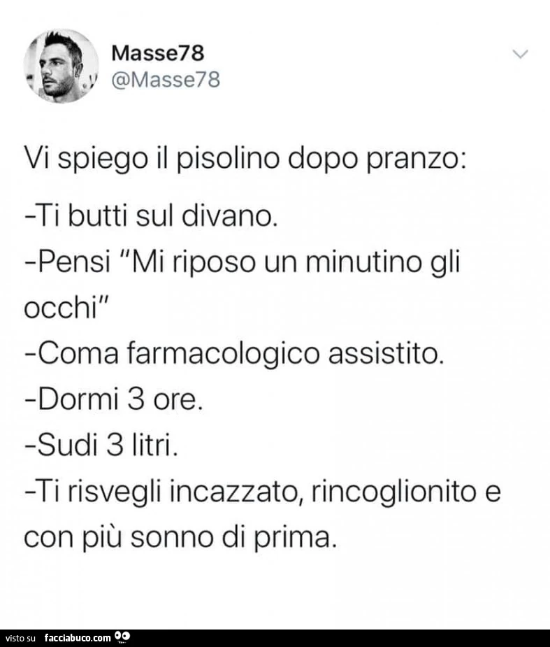 Vi spiego il pisolino dopo pranzo: ti butti sul divano. Pensi mi riposo un minutino gli occhì, coma farmacologico assistito. Dormi 3 ore. Sudi 3 litri. Ti risvegli incazzato, rincoglionito e con più sonno di prima