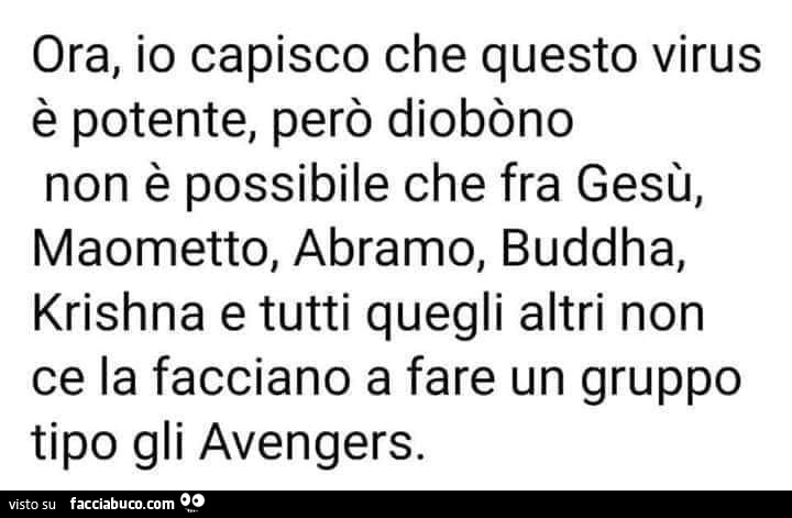 Ora, io capisco che questo virus è potente, però diobòno non è possibile che fra gesù, maometto, abramo, buddha, krishna e tutti quegli altri non ce la facciano a fare un gruppo tipo gli avengers. 0