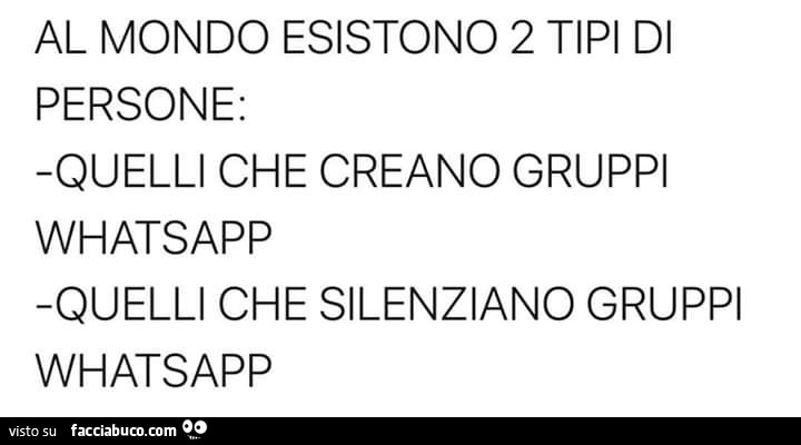 Al mondo esistono 2 tipi di persone: quelli che creano gruppi whatsapp quelli che silenziano gruppi whatsapp