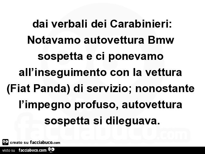 Dai verbali dei carabinieri: notavamo autovettura bmw sospetta e ci ponevamo all'inseguimento con la vettura (fiat panda) di servizio; nonostante l'impegno profuso, autovettura sospetta si dileguava