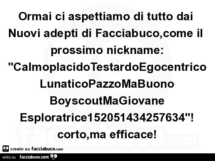 Ormai ci aspettiamo di tutto dai nuovi adepti di facciabuco, come il prossimo nickname: "calmoplacidotestardoegocentrico lunaticopazzomabuono boyscoutmagiovane esploratrice152051434257634"! Corto, ma efficace