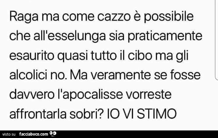 Raga ma come cazzo è possibile che all'esselunga sia praticamente esaurito quasi tutto il cibo ma gli alcolici no. Ma veramente se fosse davvero l'apocalisse vorreste affrontarla sobri? Io vi stimo